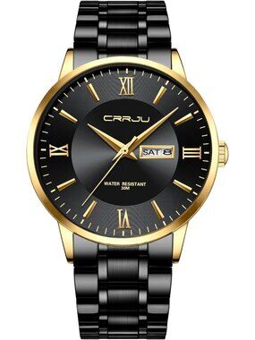 Men's Black Gold Luxury Stainless Steel Chronograph Analog Quartz Round Watch